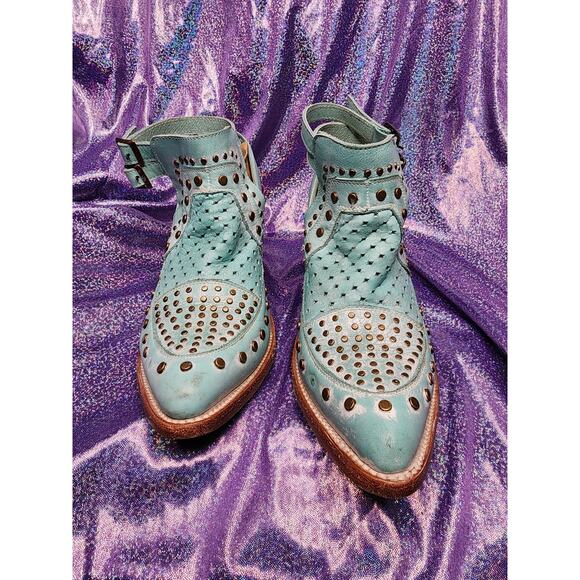 Corral Turquoise Stud Woven Snip Toe Western Cowgirl Buckle Straps Mules Sz 8 - Picture 2 of 8